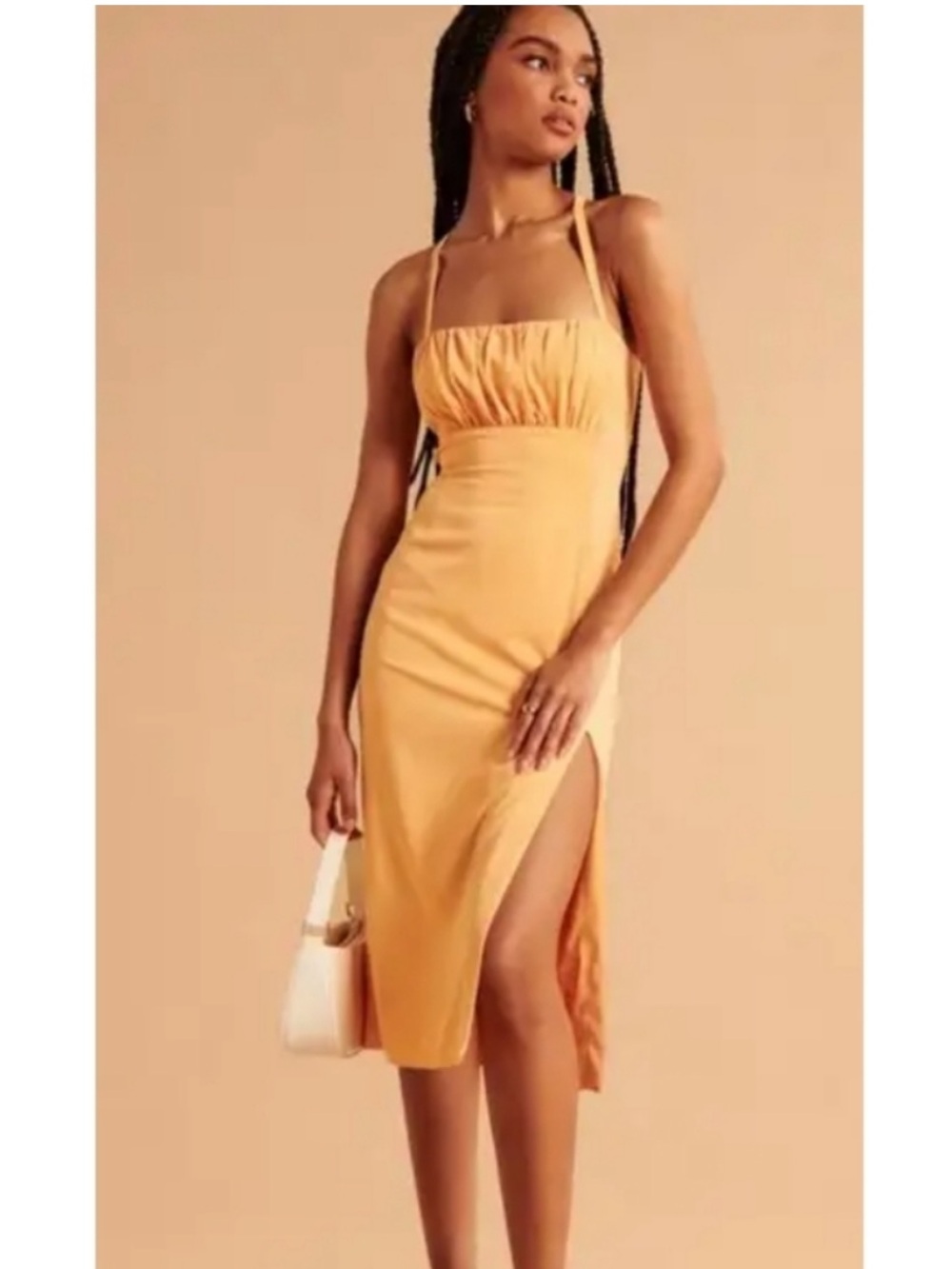 Abercrombie & Fitch Best Dressed Ruched Strappy Midi Dress Size M Champagne Gold